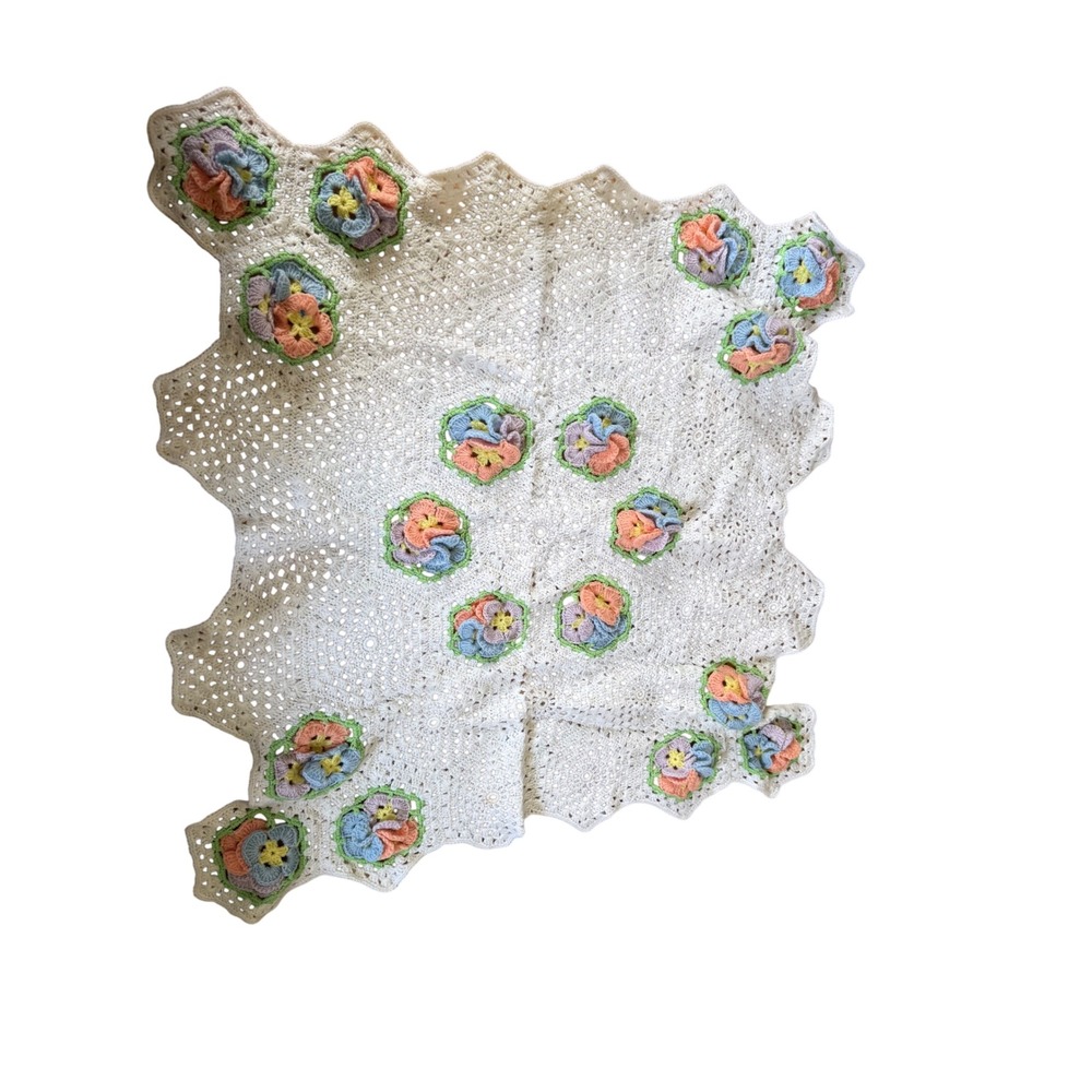 Vintage Handmade Crochet Baby Blanket White Pastel 3D Floral Scalloped Edge
